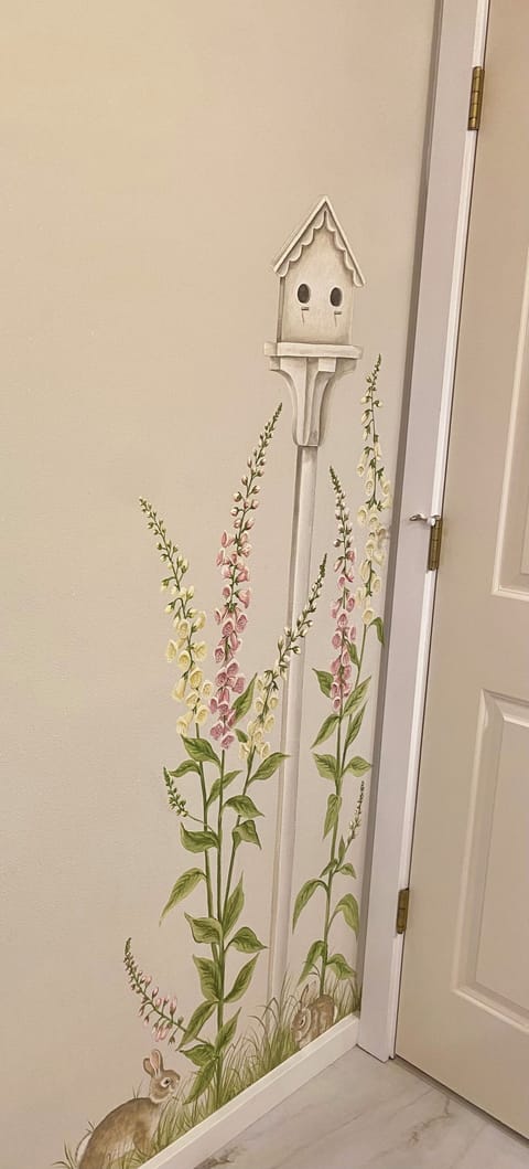 Beautiful hand painted mural in the bathroom!