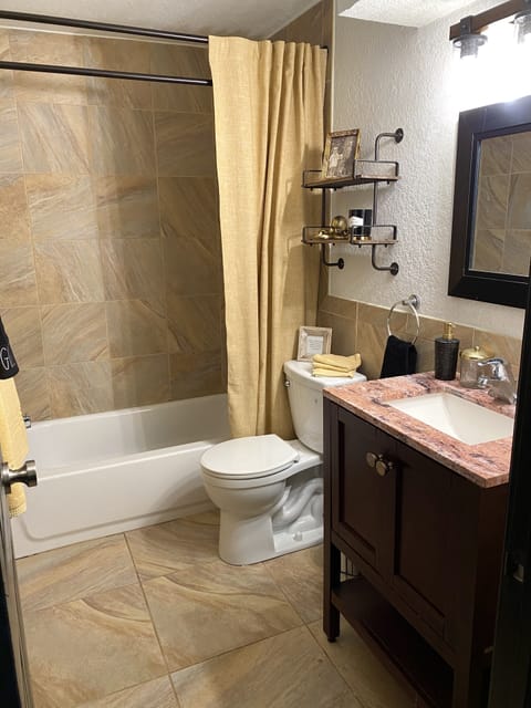 Combined shower/tub, hair dryer, towels, soap