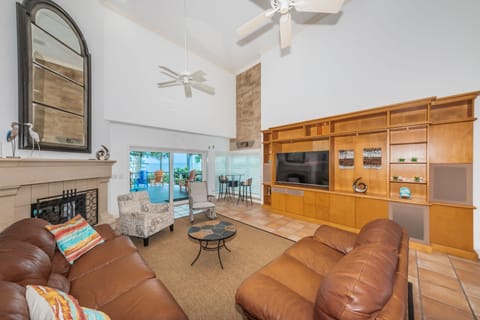 TV, fireplace, books