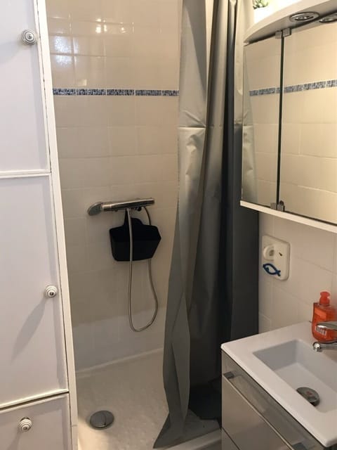 Shower, hair dryer, towels, toilet paper