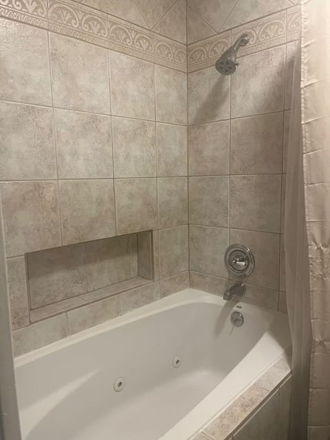 Combined shower/tub, jetted tub, eco-friendly toiletries, hair dryer