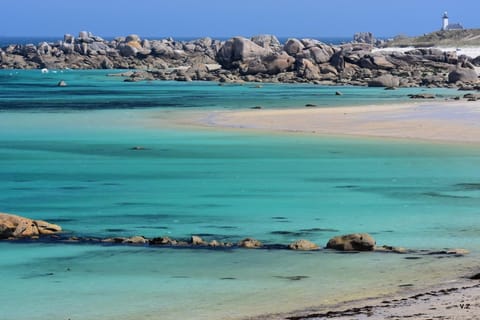 On the beach, sun loungers