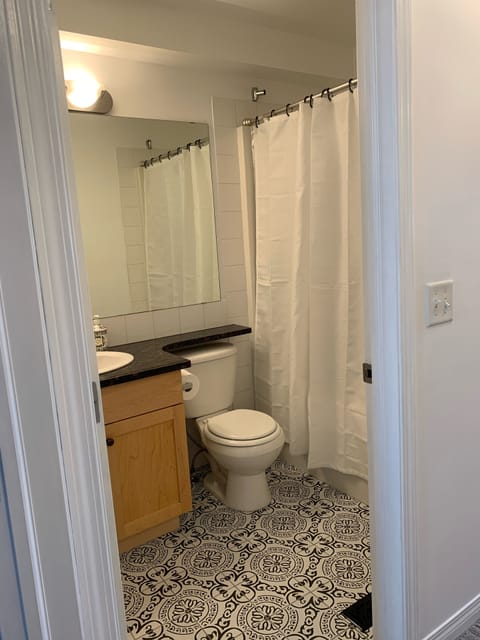 Combined shower/tub, hair dryer, towels, soap