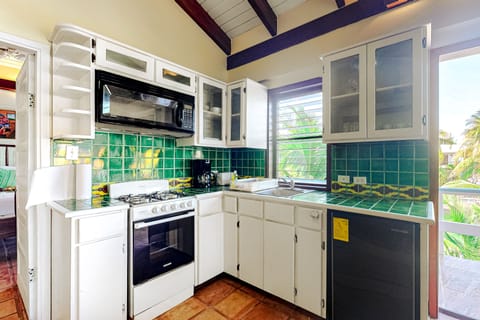 Mini-fridge, microwave, oven, stovetop