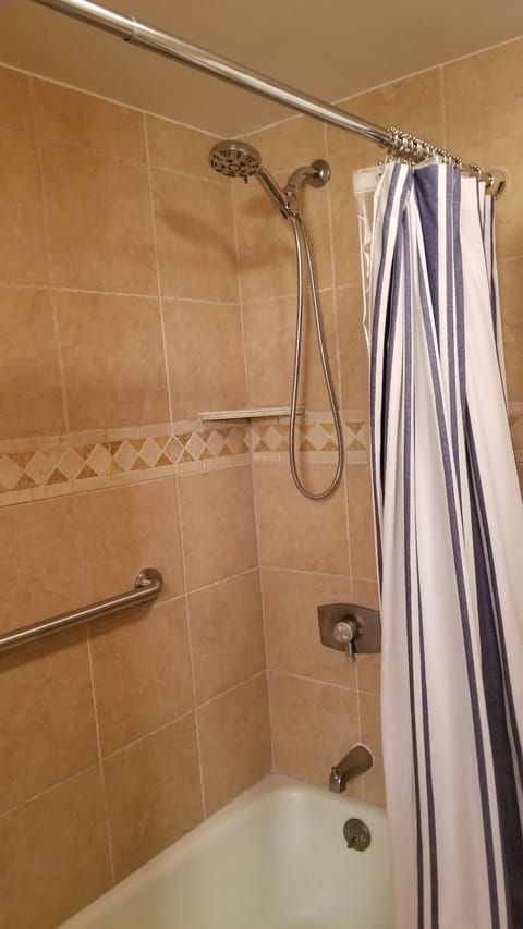 Combined shower/tub, hair dryer, towels, soap