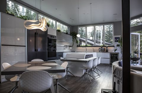 Dining Room table. Can push against counter seating to sit 12.