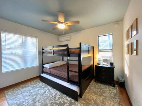 We offer a full size bunk beds, and there is a trundle underneath.