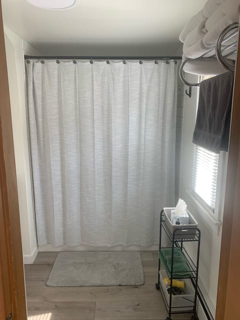 Combined shower/tub, hair dryer, towels