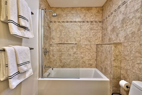 Combined shower/tub, hair dryer, towels, soap