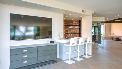 Modern wet bar with TV, sleek storage, and open-concept design.