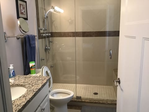 Combined shower/tub, hair dryer, towels, soap