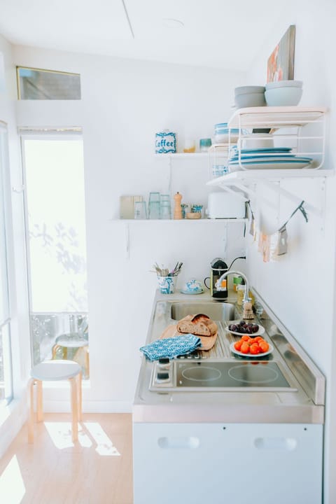 Fridge, microwave, stovetop, coffee/tea maker