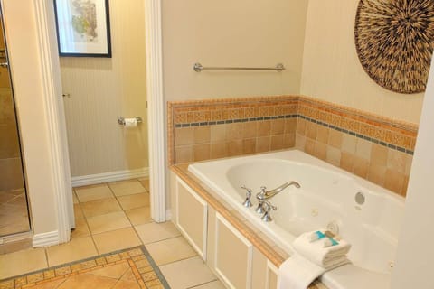 Shower, jetted tub, hair dryer, towels