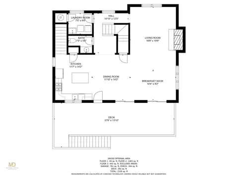 2nd Floor: Kitchen, Dining, Living area. 1/2 bath, laundry: open to 520sf deck