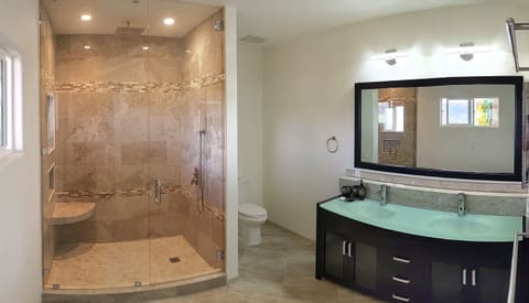 Renovated floor to ceiling shower and vanity with bluetooth mirror for music. 