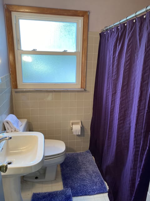 Combined shower/tub, towels, soap, toilet paper