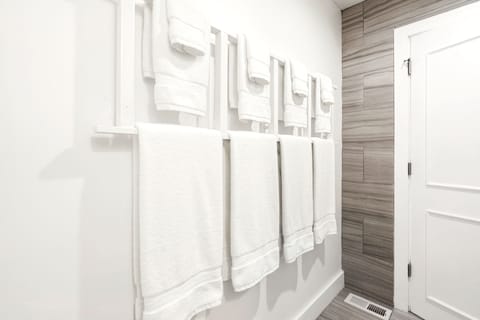 Combined shower/tub, hair dryer, towels