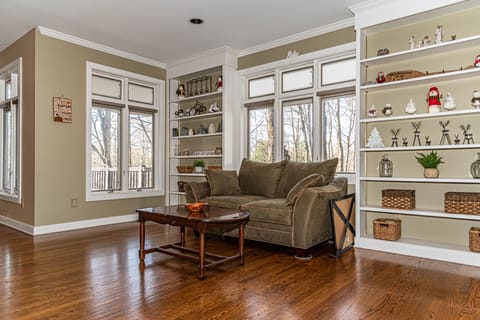 Smart TV, fireplace, books