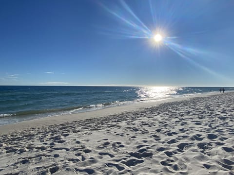 On the beach, sun loungers