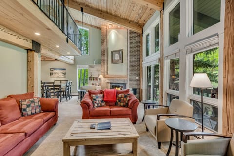 Living room with wood-burning fireplace