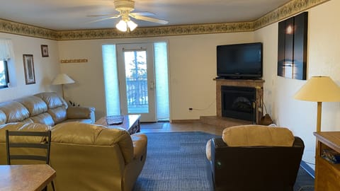 Flat-screen TV, fireplace, DVD player, video library