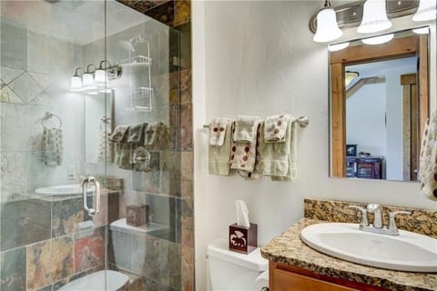 Combined shower/tub, hair dryer, towels, soap