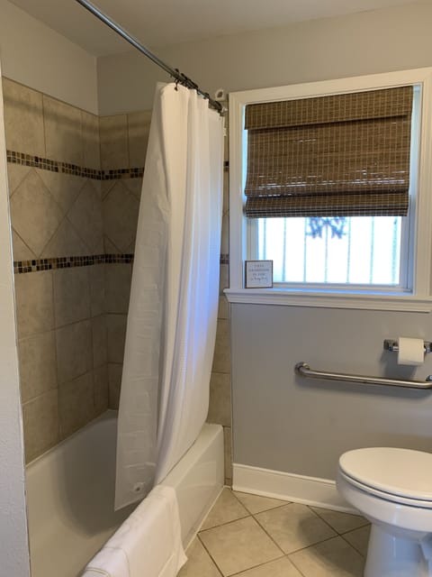 Combined shower/tub, hair dryer, towels, soap