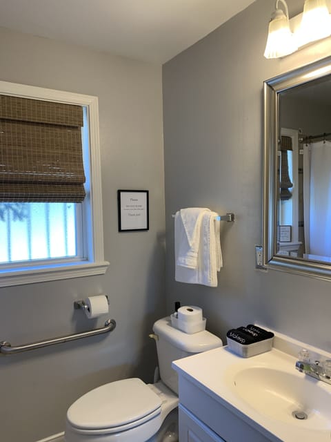 Combined shower/tub, hair dryer, towels, soap