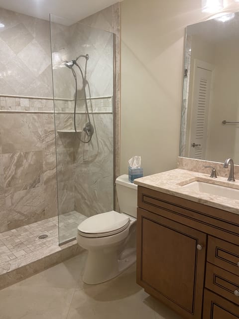 Combined shower/tub, hair dryer, towels, soap