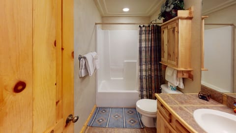 Combined shower/tub, hair dryer, towels