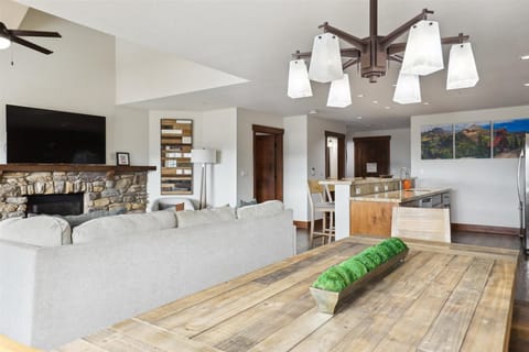 Main Living Space, Kitchen and Dining - TV, Gas Fireplace, Deck and Views