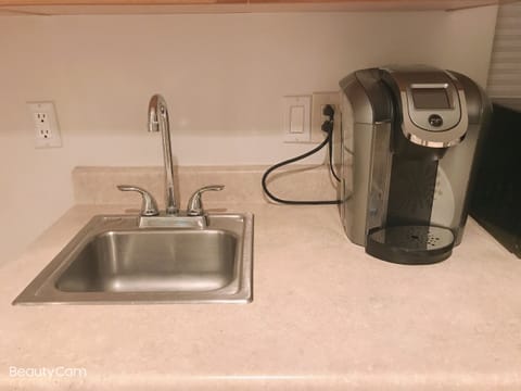 Fridge, microwave, coffee/tea maker, electric kettle