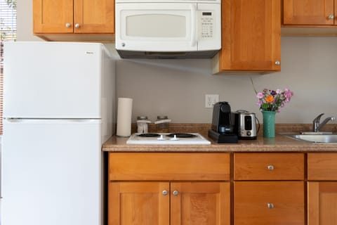 Fridge, microwave, stovetop, coffee/tea maker