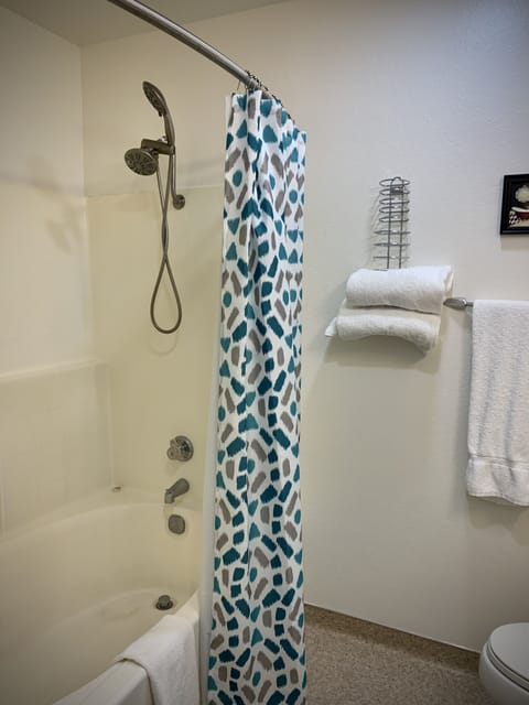 Combined shower/tub, towels, soap, toilet paper