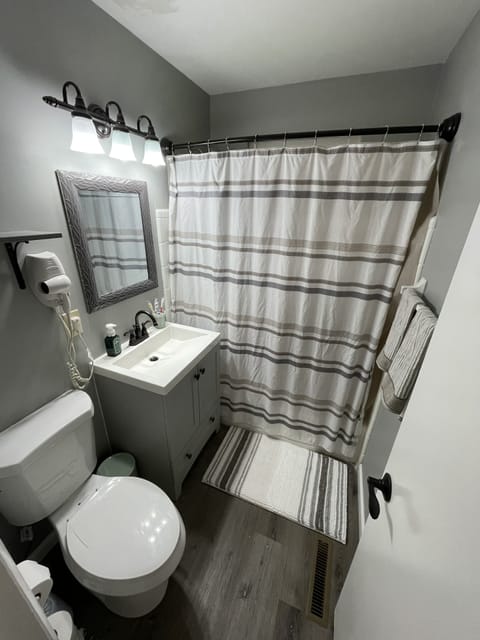 Combined shower/tub, hair dryer, towels, soap