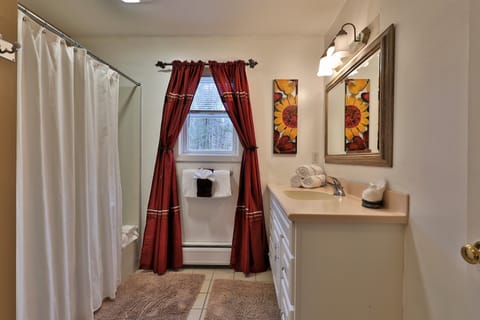 Combined shower/tub, hair dryer, towels