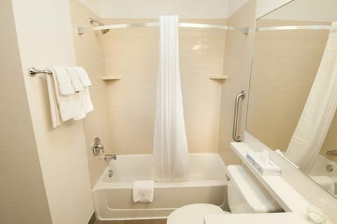 Bathroom with a shower and tub. Basic toiletries and towels are provided