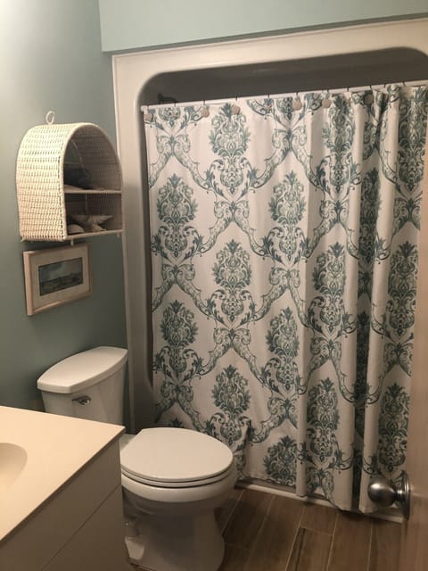 Combined shower/tub, hair dryer, towels, soap