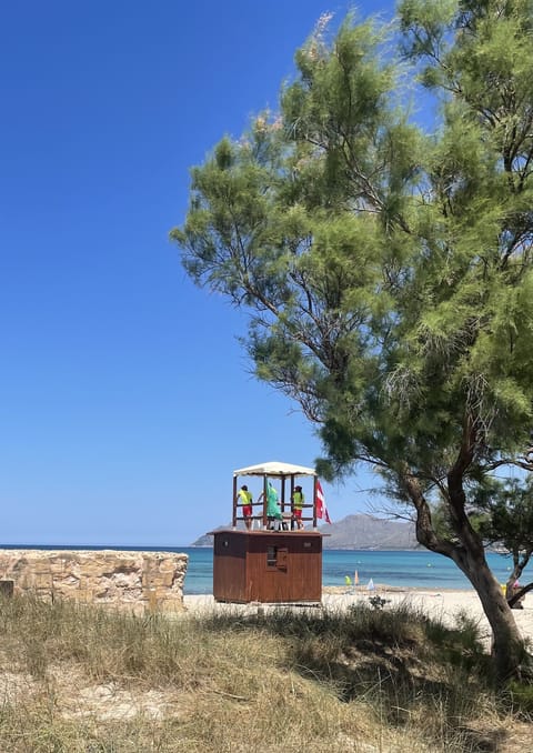 On the beach, sun loungers, beach towels