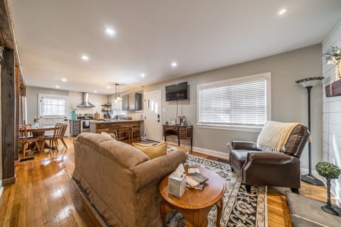 Kitchen and living room have open floor plan.