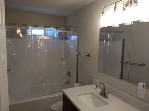 Combined shower/tub, hair dryer, towels, soap