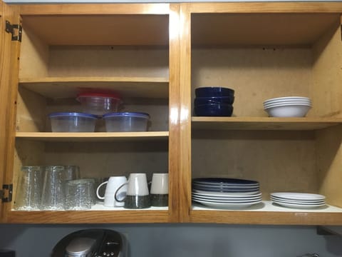 Microwave, coffee/tea maker, cookware/dishes/utensils