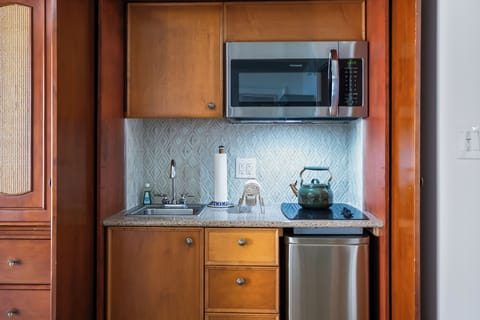 Full-size fridge, microwave, stovetop, dishwasher