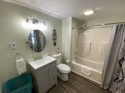 Combined shower/tub, hair dryer, towels, soap