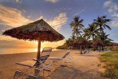 On the beach, sun loungers, beach towels