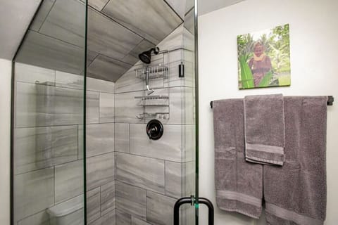 Combined shower/tub, hair dryer, towels, soap