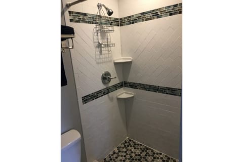 Combined shower/tub, hair dryer, towels, soap