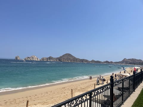 On the beach, sun loungers, beach towels