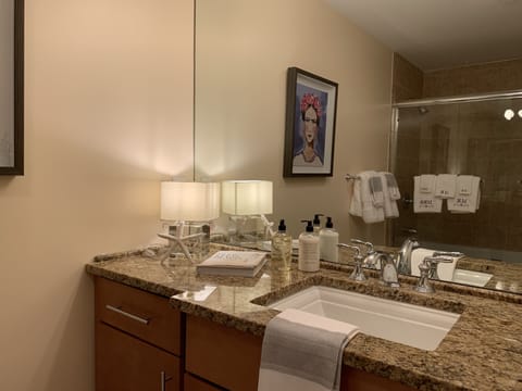 Combined shower/tub, hair dryer, towels, soap