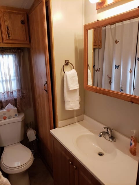 Combined shower/tub, hair dryer, towels, soap